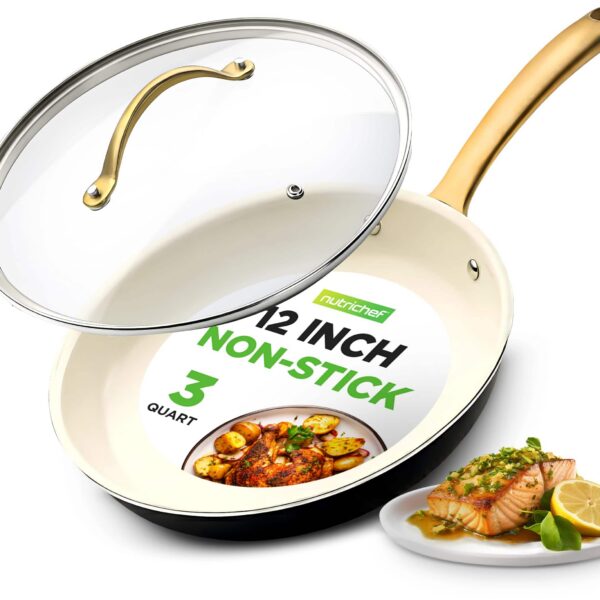 6c64bc45-5df5-4dfb-b15a-fab87d2d396b.jpg NutriChef - 12-Inch Ceramic Frying Pan with Lid, Golden Titanium Handle, Non-Stick, Easy to Clean (NCHGLDX12) - Stainless Steel