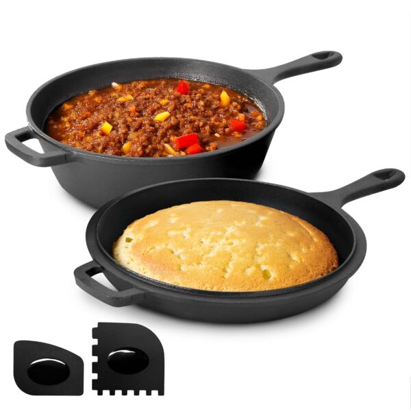 6c9d71a6-e090-489f-8afe-83340c720b26.jpg MegaChef - 10.5 Inch 2-in-1 Pre-Seasoned Cast Iron Skillet and Fry Pan Set - Black