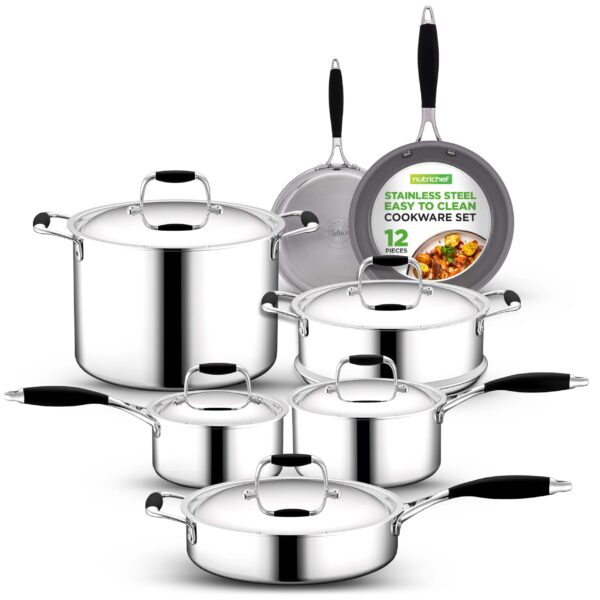 6e3ed81b-d329-41cd-a1b5-9386f0d908c8.jpg NutriChef - 12-Piece Kitchenware, Non-Stick Pots & Pans Set with Ceramic Coating (NCSSS12) - Stainless Steel