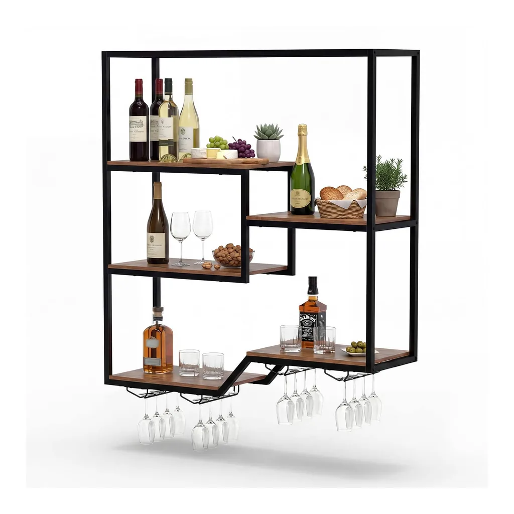 6e98a903-ae0b-4b7c-8e3f-fae974609123.jpg Costway - Wine Rack Wall Mounted, Wine Bottle Display Shelf with 4 Wine Glass Holders & Sturdy Metal Frame - Rustic Brown, Black
