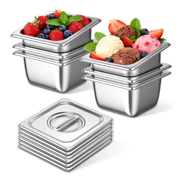 6eef3506-f7bf-438f-b004-86e81cbc73e0.jpg OSTBA - 6 Pack Full Size Hotel Pans with Lids 1/6 Size 6" Deep,Stainless Steel Steam Table Buffet Pans , 6.9" L x 6.4" W
