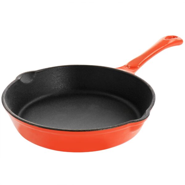 6fa51180-907f-4ca5-b483-96ec96dff5cf.jpg MegaChef - Enameled Round 8 Inch PreSeasoned Cast Iron Frying Pan - Orange