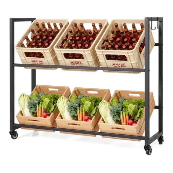 701fe706-532a-4831-abbd-9993bd80221b.jpg Gymax - 2-Tier Drink Crate Rack Rolling Bottle Crate Shelf w/ 4 Universal Wheels - Black