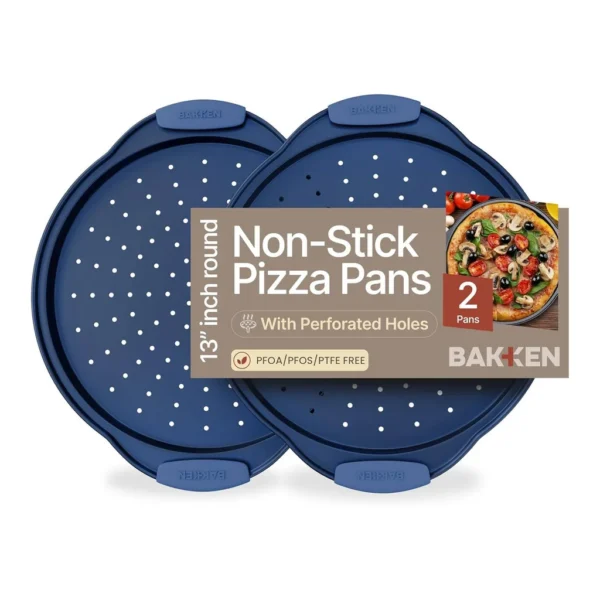 712ce661-0311-4d02-8356-287dfce9bbc0.jpg Bakken- Swiss - Bakken 2-Pack Round Pizza Pans – Perforated Carbon Steel, Non-Stick Marble Coating, Silicone Handles, Durable - Blue