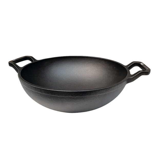 72c402f4-8d9e-4c88-bddd-7f45f8ac0ac8.jpg Amber Sporting Goods - Cast Iron Deep Kadai Wok, 9-Inch, Dual Handles, Heavy-Duty Pot for Frying, Stir-Fry & Curries - Black
