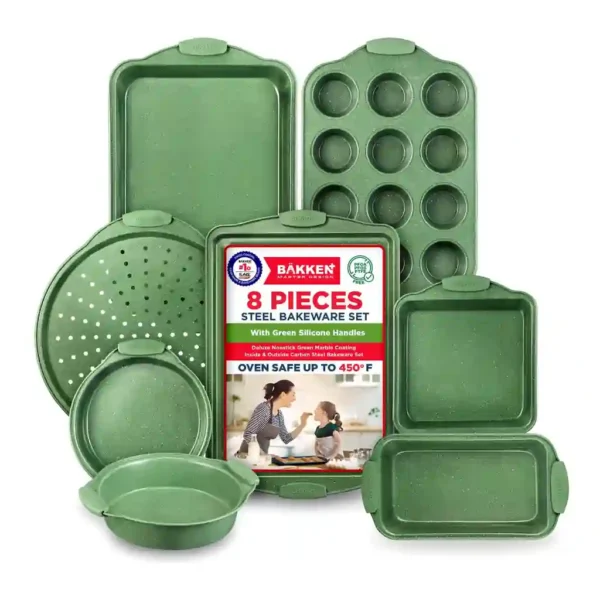 732a6ea3-4d1e-4ecf-979f-db90a6753b6f.jpg Bakken- Swiss - BAKKEN Kitchen Baking Pan Set - Nonstick Coating, Carbon Steel Bakeware Sets with Green Silicone Handles, K - Green Marble