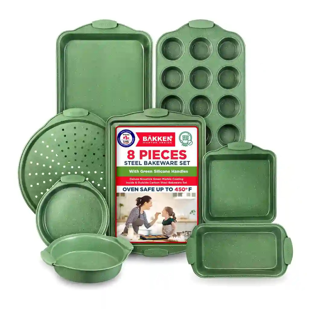 732a6ea3-4d1e-4ecf-979f-db90a6753b6f.jpg Bakken- Swiss - BAKKEN Kitchen Baking Pan Set - Nonstick Coating, Carbon Steel Bakeware Sets with Green Silicone Handles, K - Green Marble