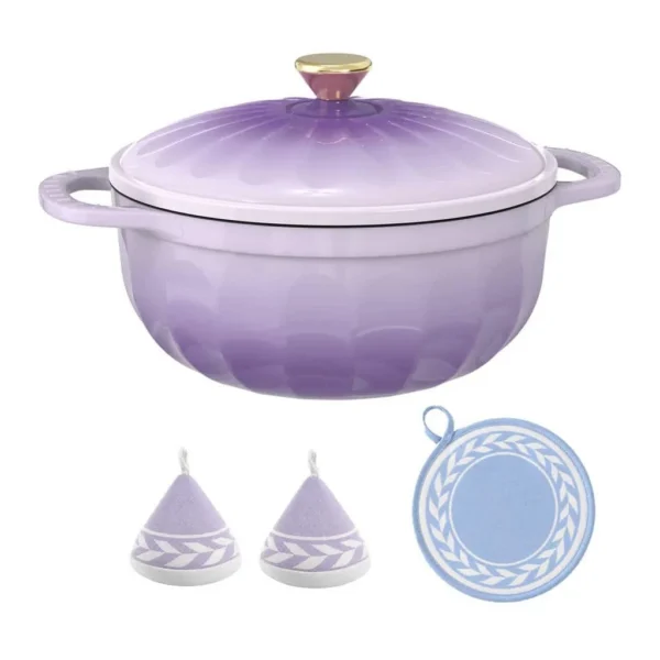 733b49d7-3604-4ba1-b1c8-56f72a12f49b.jpg Winado - 5 QT Enameled Cast Iron Dutch Oven with Gradient Petal Texture,Heat-Resistant Gloves, Pot Mat for Bread Baking, Roasting - Purple