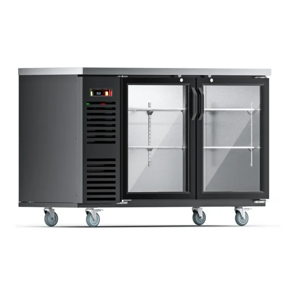 774e0129-4519-4053-ba51-27fd66f1dceb.jpg Coolake - 60" 17.3 Cu.Ft. 2 Glass Door Back Bar Cooler with Stainless Steel Top LED Lighting for Bar, 33-41℉ - Black