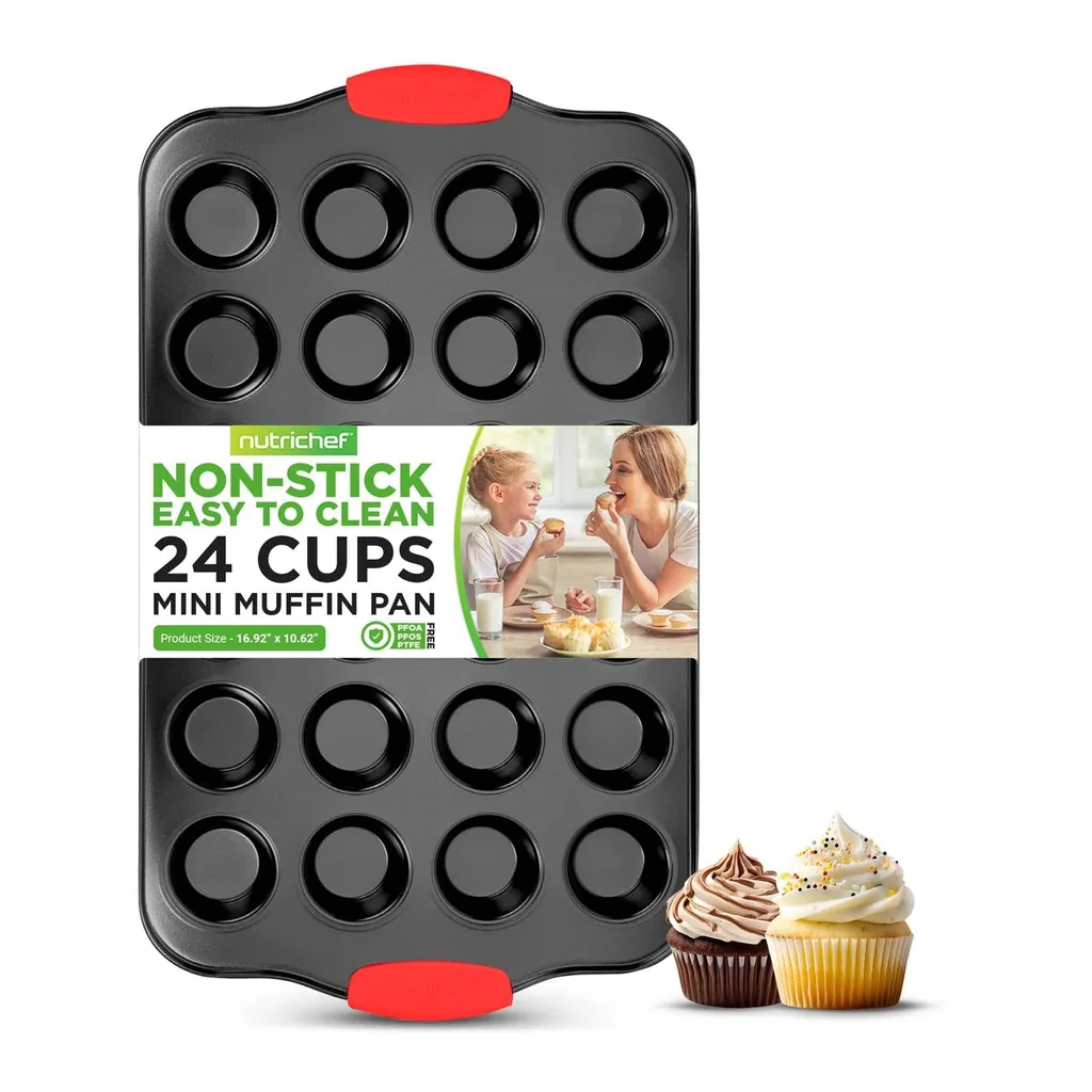 788ce5d3-5478-4520-b47a-85ab40603458.jpg NutriChef - 24-Cup Nonstick Mini Muffin Pan, Carbon Steel Bakeware Tray with Red Silicone Handles (BKNCSBS10SMUFP) - Black