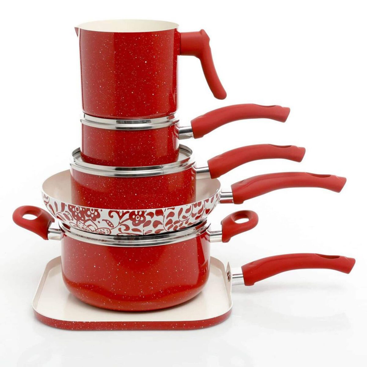 7967db3e-3fd5-4b54-940a-ec8c684ed4a1.jpg Oster - Cocina San Jacinto Aluminum Cookware Setd Finish, Set of 9 - Red Speckle