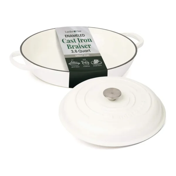 79ef0997-4580-4876-9155-fef05fe1b011.jpg Larder & Vine - 3.6 qt Enameled Cast Iron Braiser with Lid - White