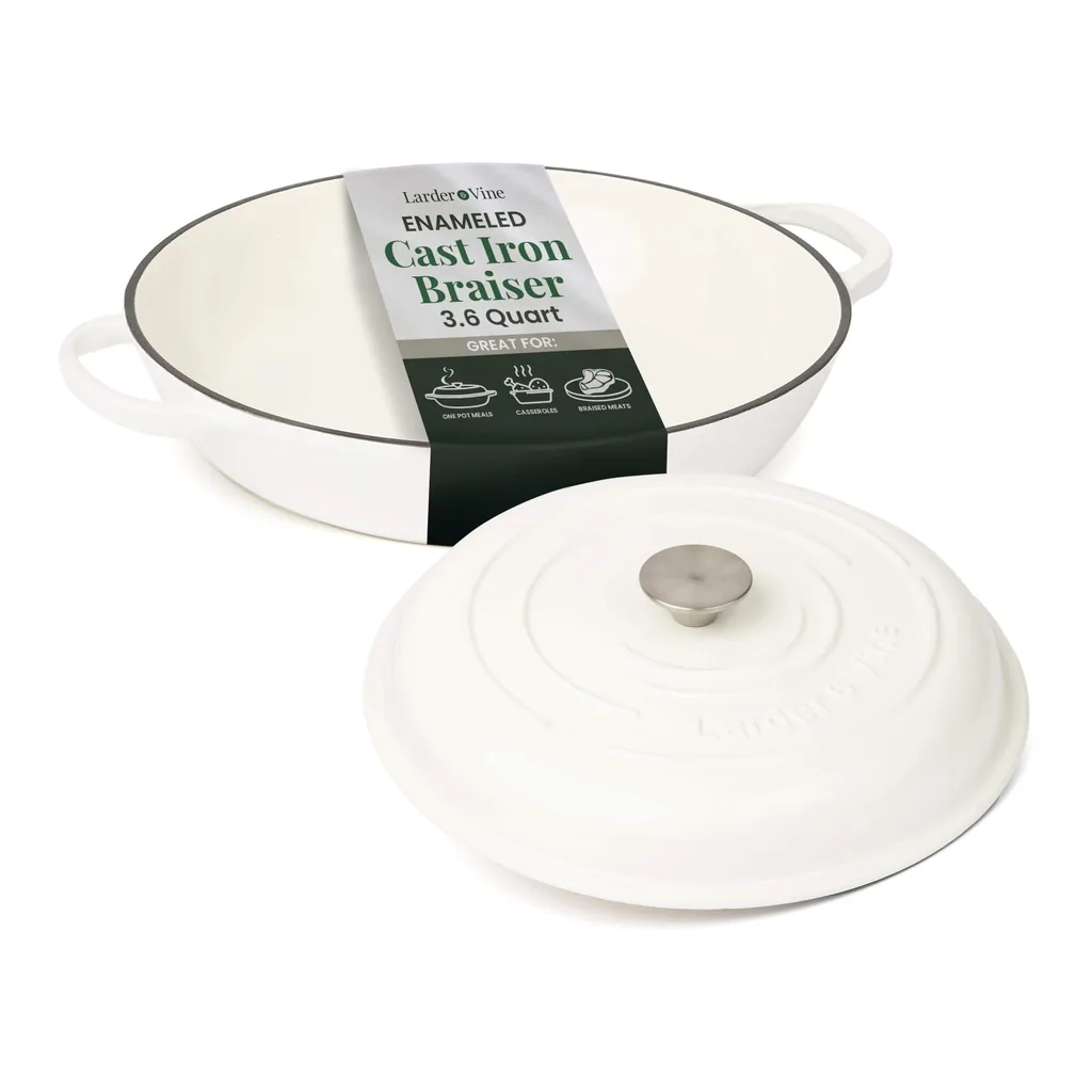 79ef0997-4580-4876-9155-fef05fe1b011.jpg Larder & Vine - 3.6 qt Enameled Cast Iron Braiser with Lid - White