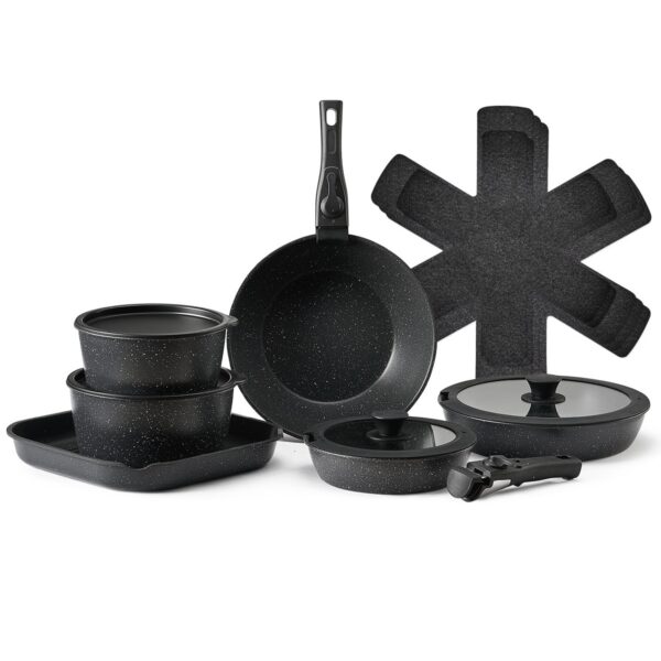 7b1e9f54-917f-4c4b-8bbd-95eece5a21d4.jpg VEVOR - 17 Piece Pots and Pans Set, Granite Nonstick Detachable Handle Cookware, Space Saving Induction Cookwares - Black