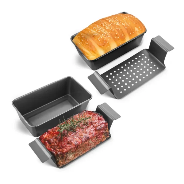7baf6075-fd88-423c-a1cf-c24f34f19a03.jpg HONGBAKE - 4 Pack Meatloaf Pan with Drain Tray, 9 x 5 Inches Loaf Pans with Insert, Nonstick Meat Loaf for Baking