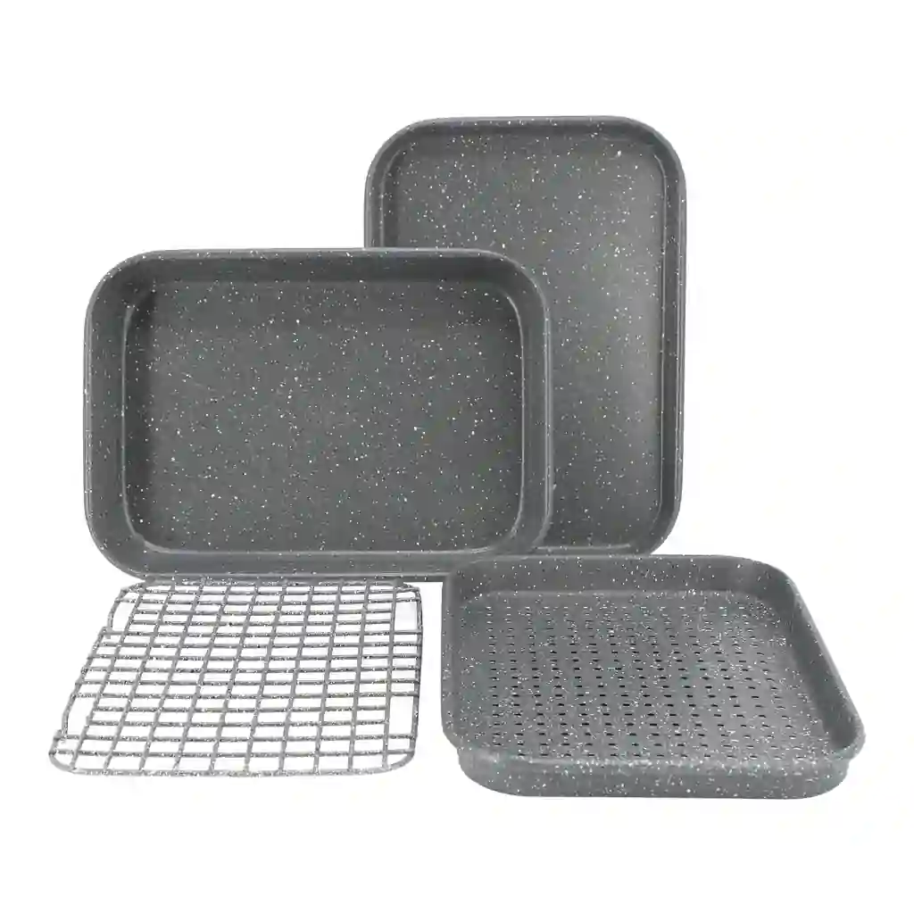 7c8855c5-e586-4f16-9c5e-15c2eeb9c9a5.jpg Oster - Greystone 4 Piece Nonstick Carbon Steel Toaster Oven Bakeware Set in Speckled Grey - Speckled Gray