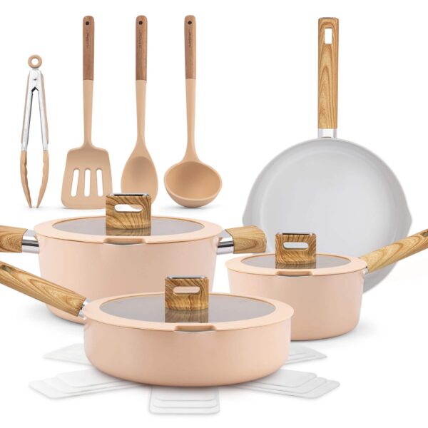7cae7b4b-524a-40a0-99db-437a65af9f4b.jpg NutriChef - 14-Piece Pots and Pans Set Ceramic Cookware Set w/Ladle, Tongs, Spatula - Pink