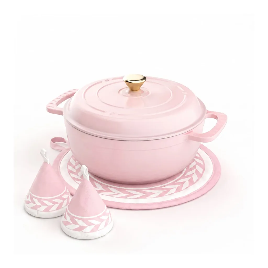 7ce00104-63ee-4ffc-93eb-5d527ec6a07d.jpg Winado - 5 QT Enameled Cast Iron Dutch Oven with Self Basting Lid, Heat-Resistant Gloves, Pot Mat for Bread Baking, Roasting New - Pink