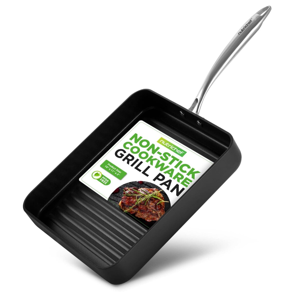 7dcc0bfe-d1e6-4832-939f-27f21c7b965d.jpg NutriChef - 11" Square Grill Pan, Non-Stick, High Ridges, Dishwasher Safe, Stove Top Griddle (NCGRP38) - Black