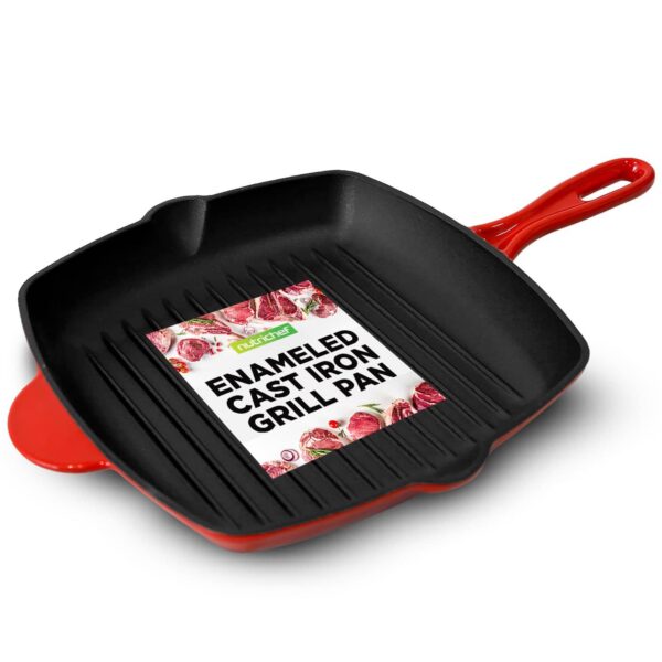 7e5f4d12-0a50-4650-9eb8-368f1d857d43.jpg NutriChef - 11" Enameled Cast Iron Steak Grill Pan, Square Skillet with Drip Spout, For All Cooktops (NCCIES47) - Red
