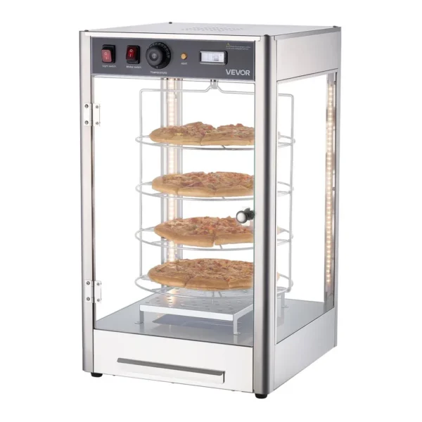 7e7210c4-4f99-4acf-9a03-46f04765caf4.jpg VEVOR NB-PS-14R Commercial Food Warmer Display, 4-Tier Pizza Warmer with Rotary Steam Heating for 14 in Pizza, 86℉~185℉ Temperature – Silver