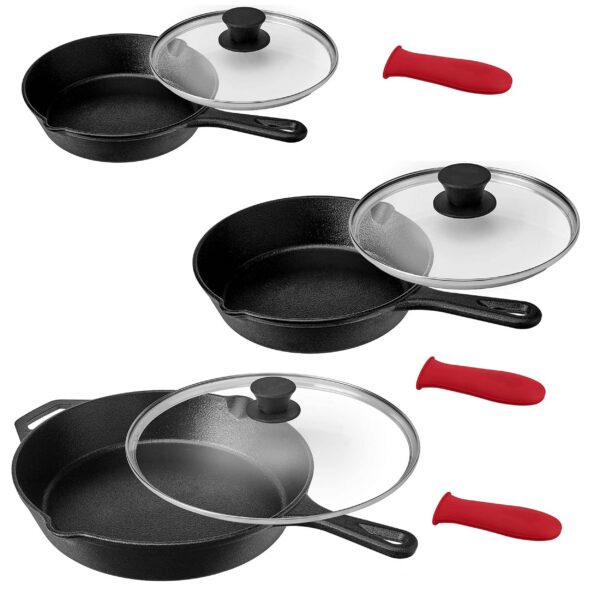 82f47c03-85fb-4646-8821-13e5f8cd0c56.jpg MegaChef - Pre-Seasoned 9 Piece Cast Iron Skillet Set with Lids and Red Silicone Holder - Black and Red