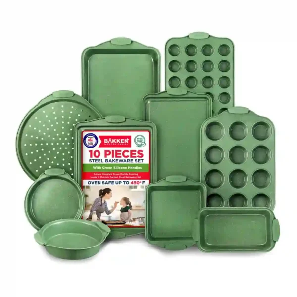 83a9193b-ff79-46b2-988c-856323435078.jpg Bakken- Swiss - BAKKEN Kitchen Baking Pan Set - Nonstick Coating, Carbon Steel Bakeware Sets with Green Silicone Handles, K - Green Marble