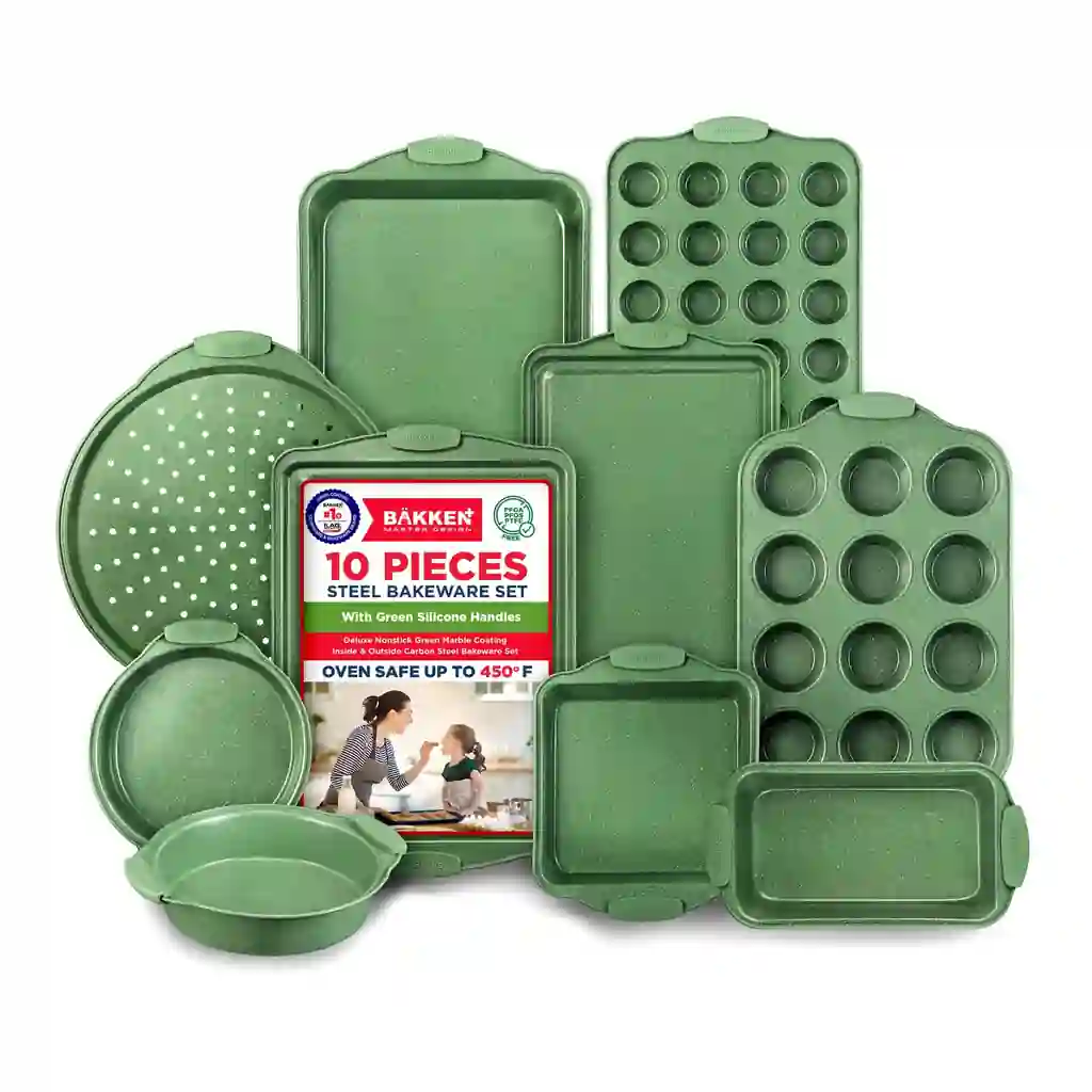 83a9193b-ff79-46b2-988c-856323435078.jpg Bakken- Swiss - BAKKEN Kitchen Baking Pan Set - Nonstick Coating, Carbon Steel Bakeware Sets with Green Silicone Handles, K - Green Marble
