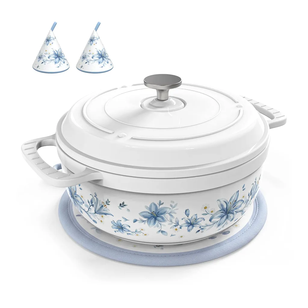 856a02d9-e3e6-4f38-a95e-3fe91824856f.jpg Winado - 7.5-QT Vintage Enamel Dutch Oven with Matching Heat-Resistant Mitts & Pot Mat for Soups, Stews, and Braising - Blue Floral