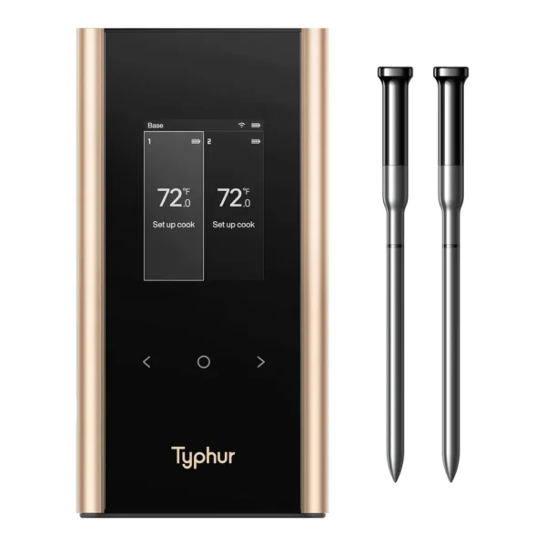 85f32f42-7bba-4b13-9601-4ee61b3fcc07.png Typhur - Sync Gold Dual Smart Wireless Meat Thermometer, 3000 FT Sub-1G Enhanced Signal, WiFi Unlimited Range, 6 Sensor Probe - Black/Gold