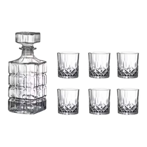 868789e3-4183-46e3-9029-30400b8aa77c.jpg Kitcheniva - 25 oz Square Pattern Glass Whiskey Decanter Set with Stopper - Includes 6 Glasses (7.4 oz) - Clear