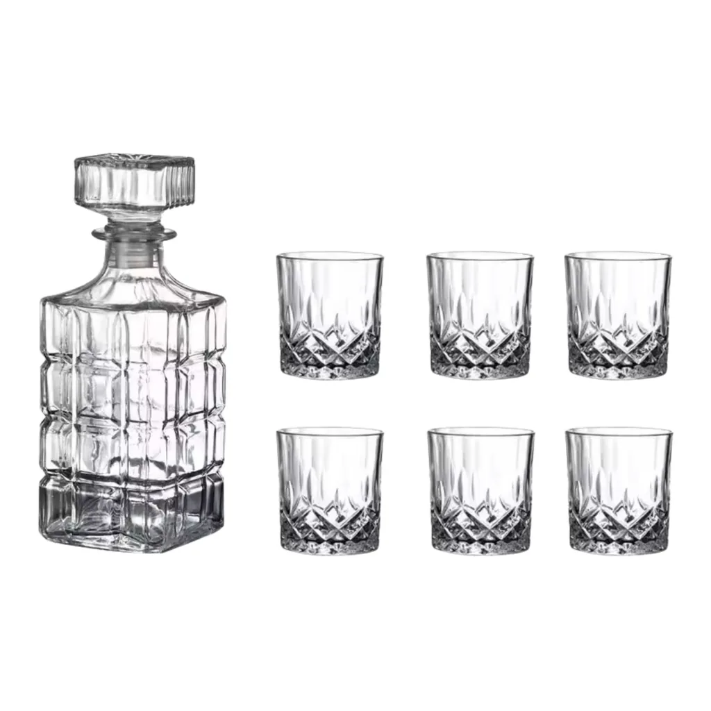 868789e3-4183-46e3-9029-30400b8aa77c.jpg Kitcheniva - 25 oz Square Pattern Glass Whiskey Decanter Set with Stopper - Includes 6 Glasses (7.4 oz) - Clear