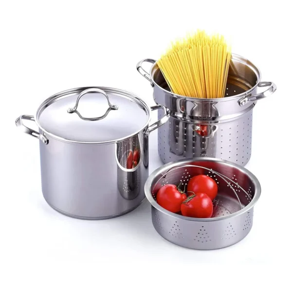 87887827-1f73-4d32-b794-8a4ff8117f8e.jpg Cooks Standard 02568 12qt Set 4-Pc 18/10 S/S Multipurpose Stock Pot w/Strainer Insert & Steamer Basket, Spaghetti Cooker w/ Lid, Induction – Stainless Steel