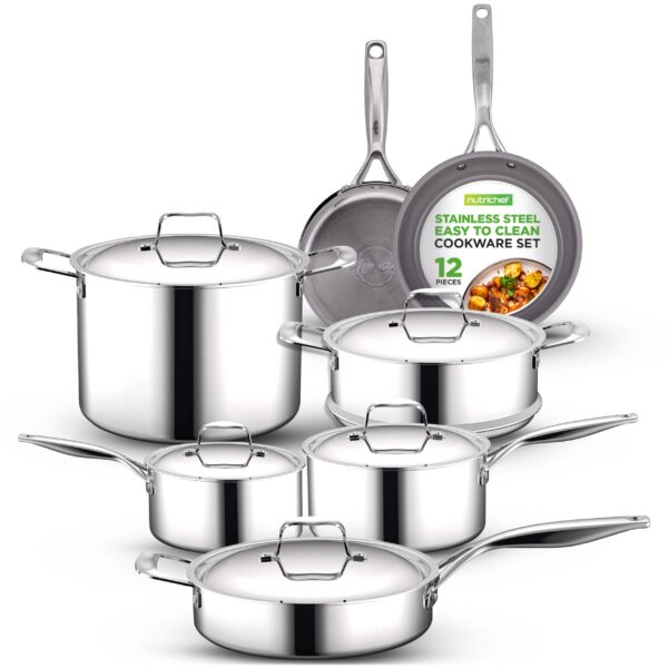 8871234f-2362-4644-ae04-9de70cb27bca.jpg NutriChef - 12-Piece Kitchen Cookware Set, Non-Stick Coating, Ceramic Fry Pan, Stylish Kitchen Cookware (NCSSX45) - Stainless Steel