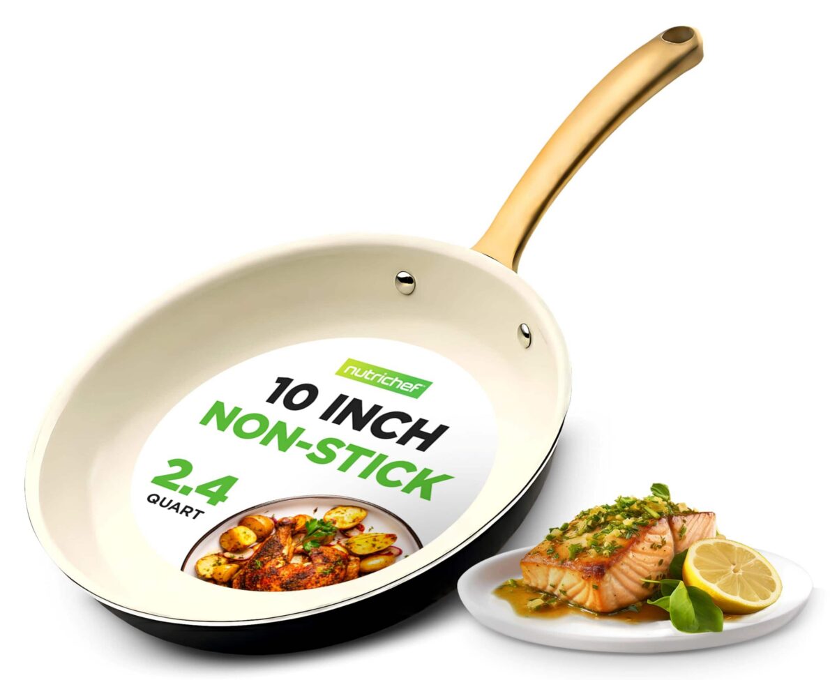 88f0a2d8-1dff-44f6-bab9-01a44d507578.jpg NutriChef - 10-Inch Professional Ceramic Frying Pan, Non-Stick with Golden Titanium Handle, Easy to Clean (NCHG10) - Stainless Steel