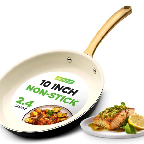 88f0a2d8-1dff-44f6-bab9-01a44d507578.jpg NutriChef - 10-Inch Professional Ceramic Frying Pan, Non-Stick with Golden Titanium Handle, Easy to Clean (NCHG10) - Stainless Steel