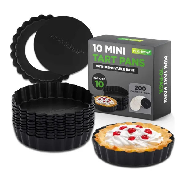 8ac97477-d091-4904-9945-7bc0a5484763.jpg NutriChef - 10-Piece Nonstick Mini Tart Pans, Heavy Duty, Removable Bottom, Includes 200 Parchment Papers - NCMTRT10BK - Black