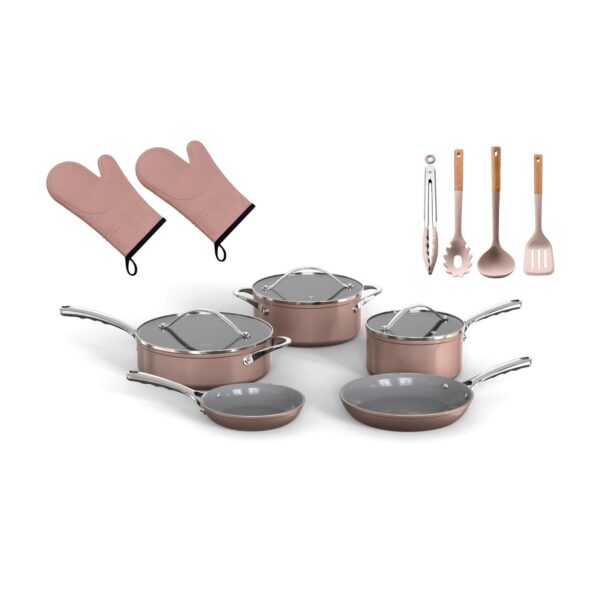 8c45f356-dbbc-47df-a544-80d6c80aa9bd.jpg Bakken- Swiss - Crystal Kung Minkoff Ceramic Cookware Set – 14-Piece Pots and Pans Set with Lids, Silicone Utensils & Oven Mitts, Nonsti - Cream