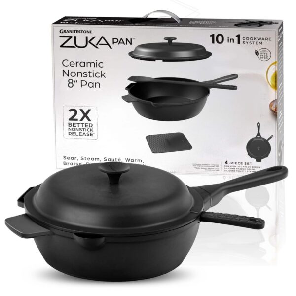 8d7f3343-85fe-4993-8b2b-ad63d3872903.jpg Granitestone - Zuka Everyday Pan 8" Nonstick Multi-Functional Saute Pan with Lid and Nylon Spoon - Black