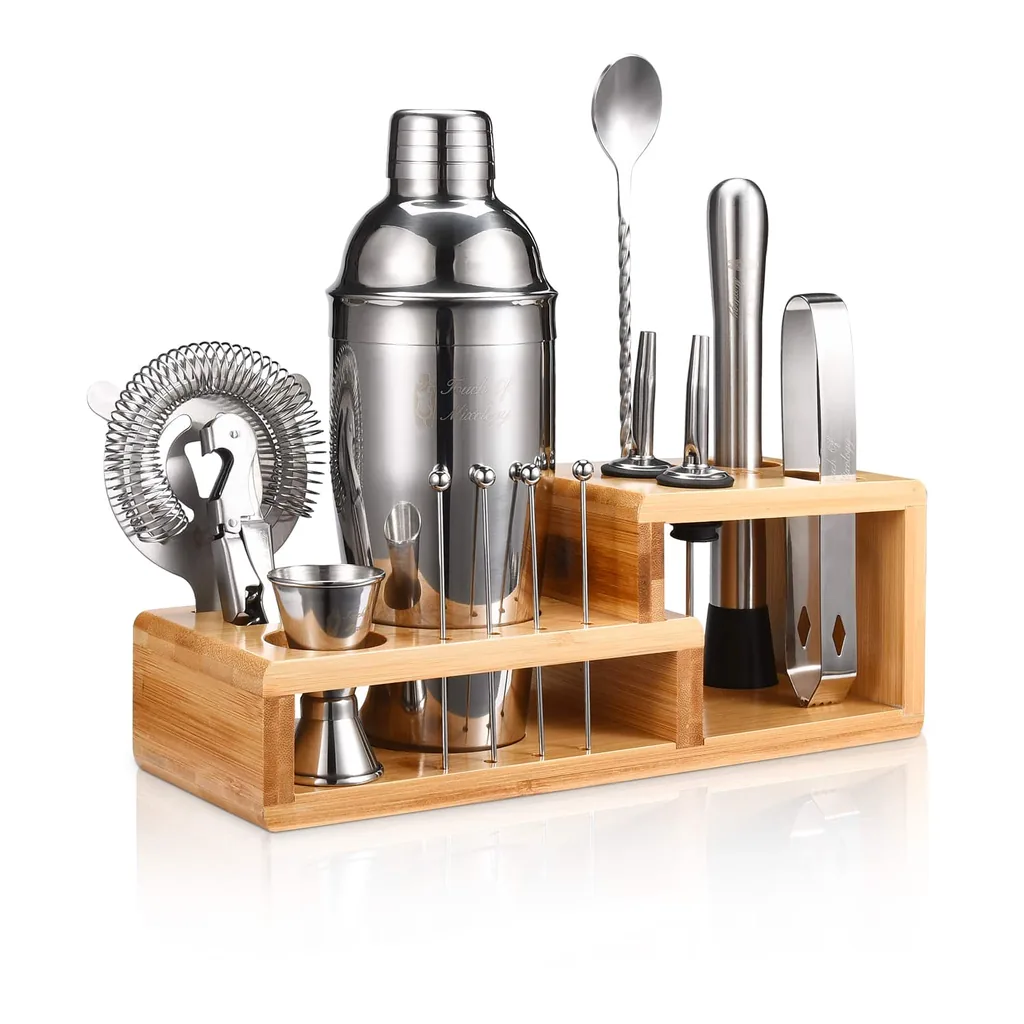 8ea059f9-03c2-4ca6-8089-41d99f6af0b6.jpg Touch of Mixology - Cocktail Shaker Set - 14 Piece Stainless Steel Bartender Kit with Bamboo Stand - Gift Ready Bar Accessories - Silver