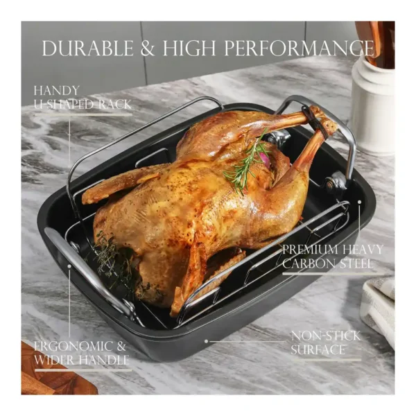 8f373fb5-2309-45d6-8427-34123979558c.jpg HONGBAKE - Nonstick Roasting Pan with Rack 15 x 11 inch - Turkey Roaster Pan for Ovens - Wider Handles & Heavy Duty Construction