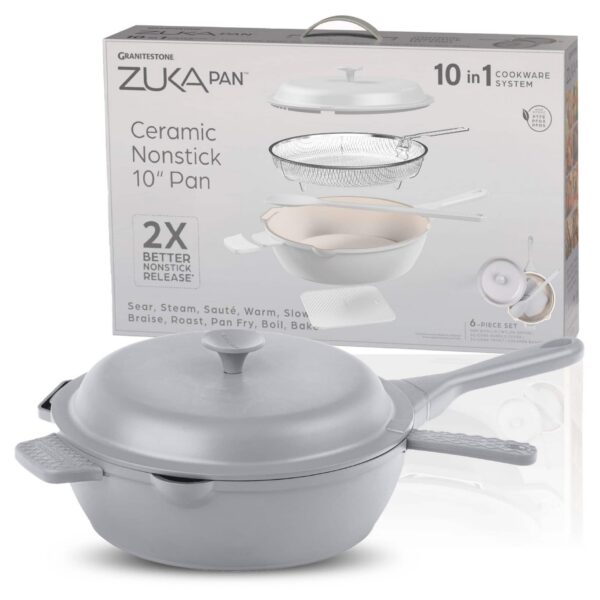 8fe34023-2fbf-4381-abec-fb2383d08819.jpg Granitestone - Zuka Everyday Pan 10" Grey Nonstick Multi-Functional Saute Pan with Lid, Nylon Spoon and Steamer Basket - Gray