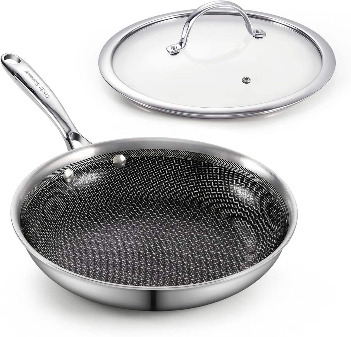 8fe5ea1d-8755-492e-9422-9c091b853fd0.jpg Cooks Standard - 8-Inch Multi-Ply Clad Stainless Steel Hybrid Nonstick Frying Pan Skillet with Tempered Glass Lid - Black