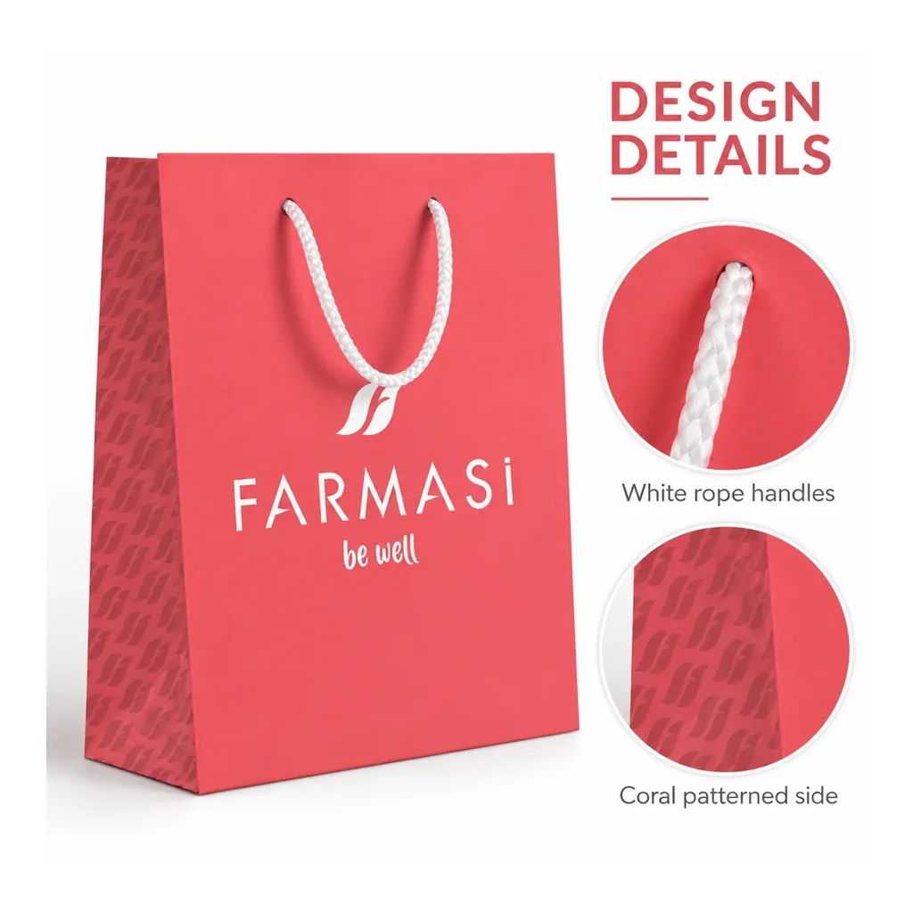 FARMASI Carton Bag Small — Coral — White rope handles and Coral patterned side details FARMASI Carton Bag Small — Coral — White rope handles and Coral patterned side details
