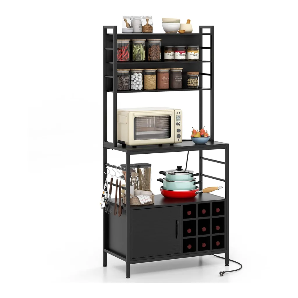 9107abaf-bd1f-4a71-a617-869878fff93e.jpg Gymax - 67'' Bakers Rack w/ Power Outlet Coffee Bar Cabinet w/ S-Shaped Hooks - Black