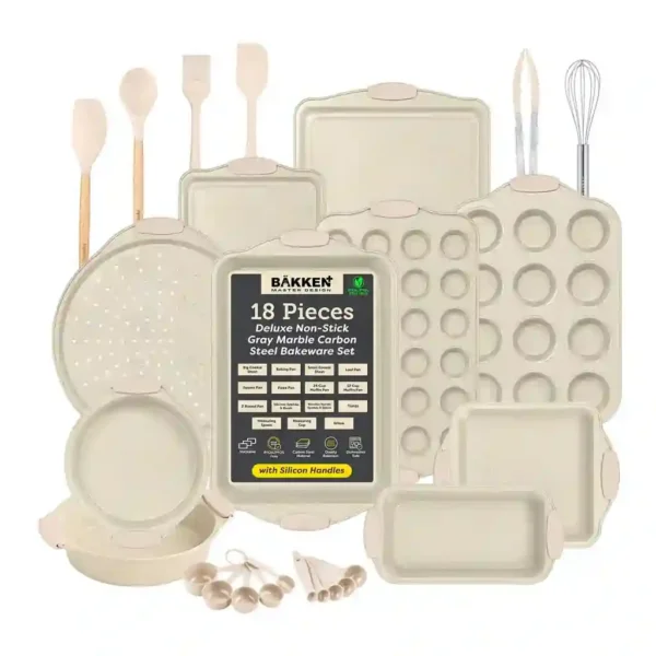 911c8d56-2fc3-4455-ad8f-a6b788546954.jpg Bakken- Swiss - 18-Piece Nonstick Carbon Steel Bakeware Set, Free of PFAS, PFOA, lead, & cadmium, Oven Pans with White Silicone Handles - White Marble