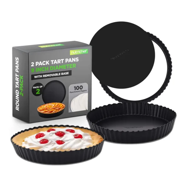 91dd152d-b981-43ef-b080-17992ce6fa22.jpg NutriChef - 2 Round Tart Pans, 9-Inch Carbon Steel, Nonstick, Even Heat Distribution, Includes 100 Parchment Papers - Black
