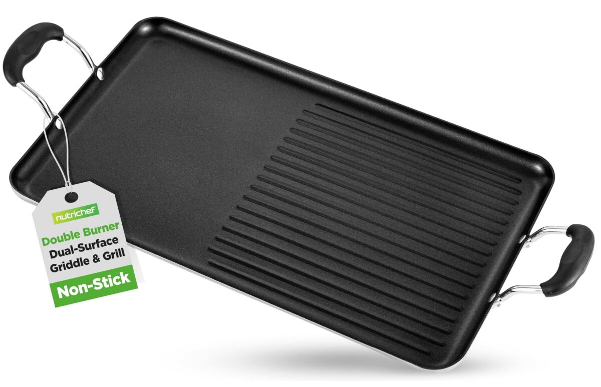 93de19e9-ba3a-44a1-909c-1be9978d2821.jpg NutriChef - 24" Stove Top Griddle Pan, Nonstick Double Burner Grill & Griddle Combo, Ridged & Flat Surfaces - Black