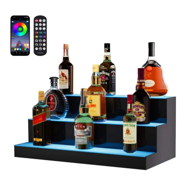 962647bd-a2d8-46a2-a065-493cdcf1d378.jpg VEVOR - LED Lighted Liquor Bottle Display, 3 Tiers 24 Inch Commercial Illuminated Home Bar Shelf - Transparent