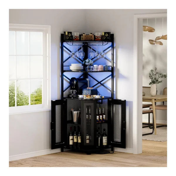 997685de-8931-48f3-b537-2d47ed3722b4.jpg Aheaplus - Industrial 5-Tiers Corner Bar/Wine/Liquor Cabinet with Power Outlet, LED Strip & Glass Holder for Home Small Space - Black